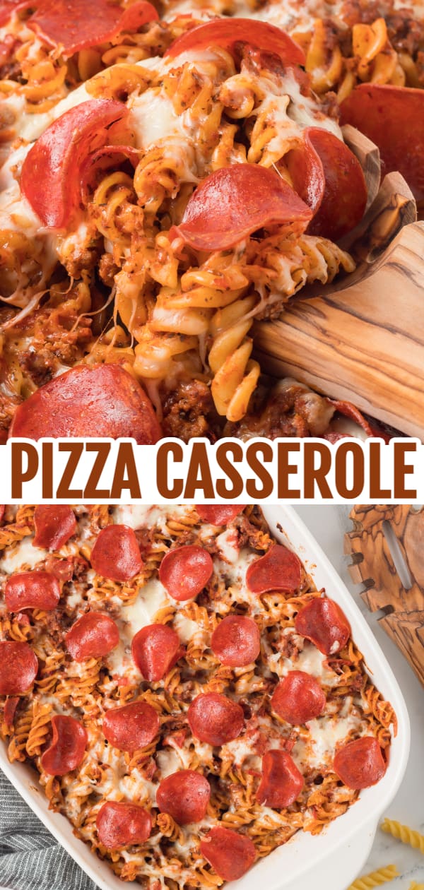 Pizza Casserole is a delicious baked rotini pasta loaded with ground beef, pizza sauce, pepperoni and mozzarella cheese.