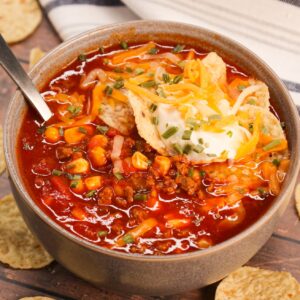 5 Ingredient Taco Soup is a hearty soup recipe loaded with ground beef, taco seasoning, chunky salsa, corn and beef broth.