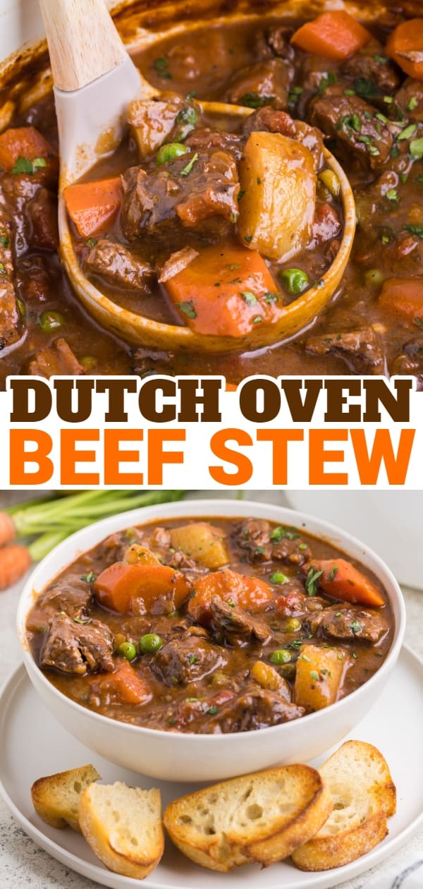 Dutch Oven Beef Stew is a hearty dish loaded with chunks of beef, carrots, onions, potatoes, tomatoes and peas.