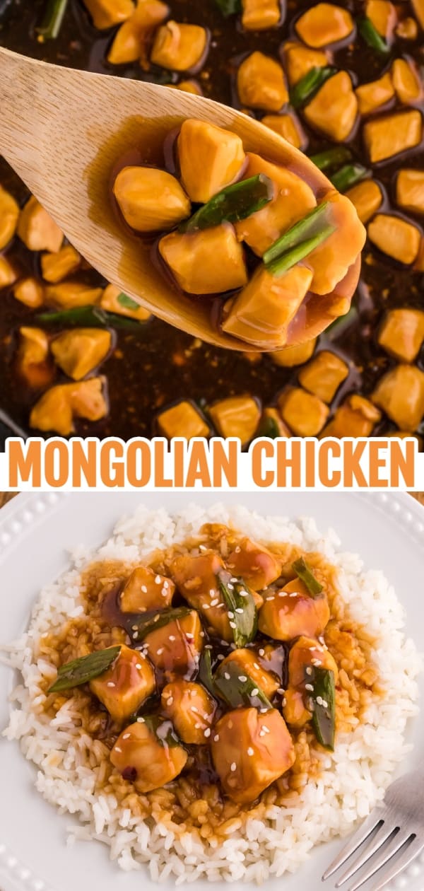 Mongolian Chicken is an easy chicken dish made with diced chicken breast chunks cooked in a sweet and savory sauce made with soy sauce, brown sugar, honey, ginger, garlic and with a bit of a kick from red pepper flakes.