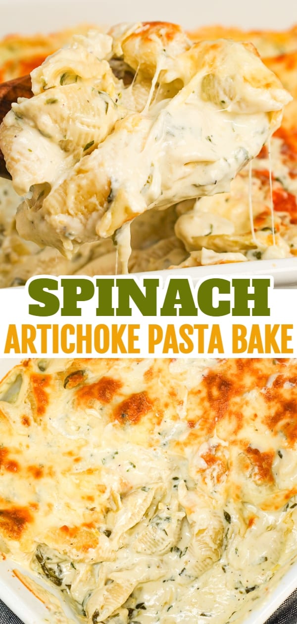 Spinach Artichoke Pasta Bake is a creamy baked pasta recipe loaded with cream cheese, chopped artichoke hearts, chopped spinach, parmesan and mozzarella.