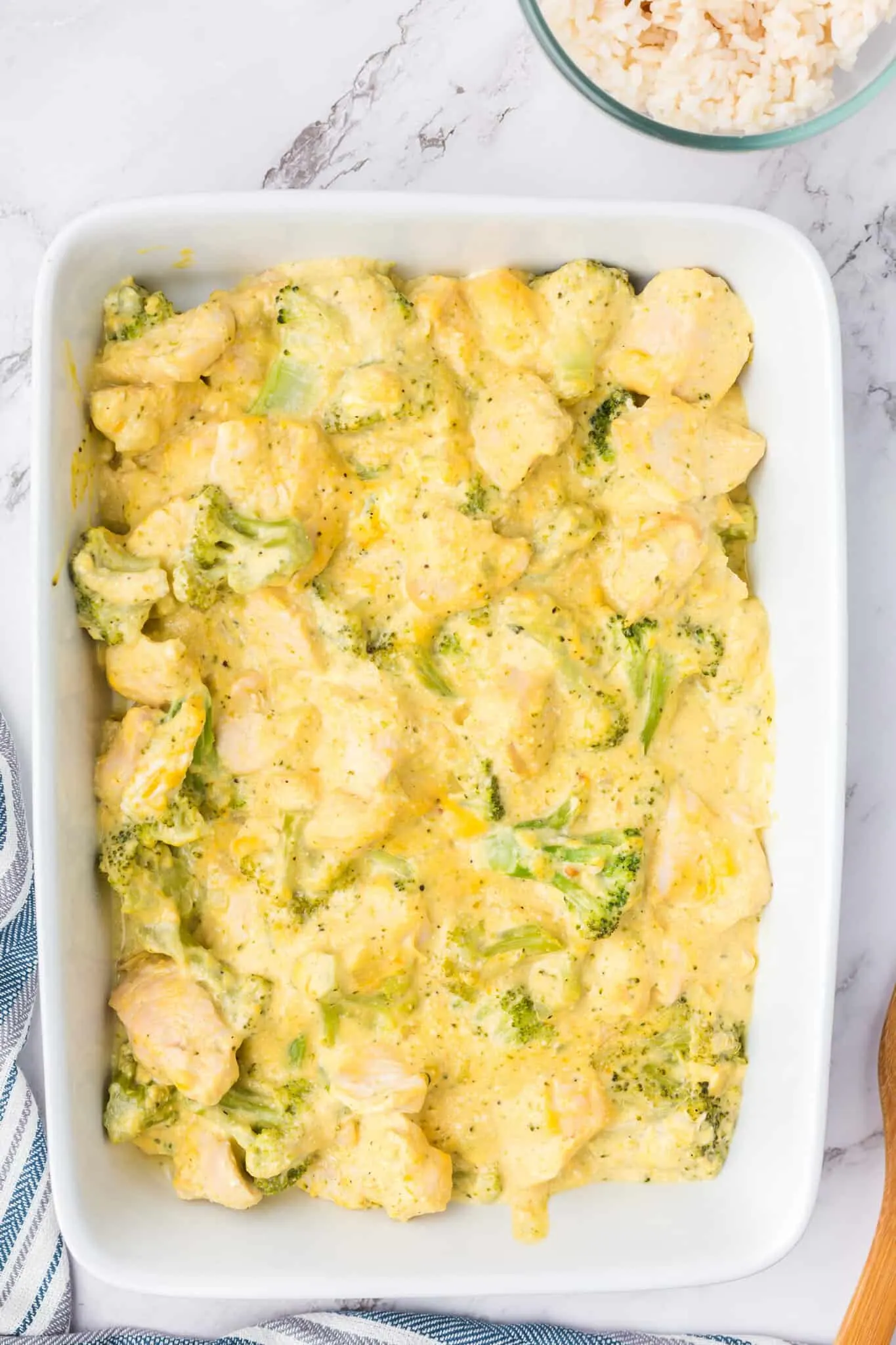 cheesy chicken and broccoli casserole after baking