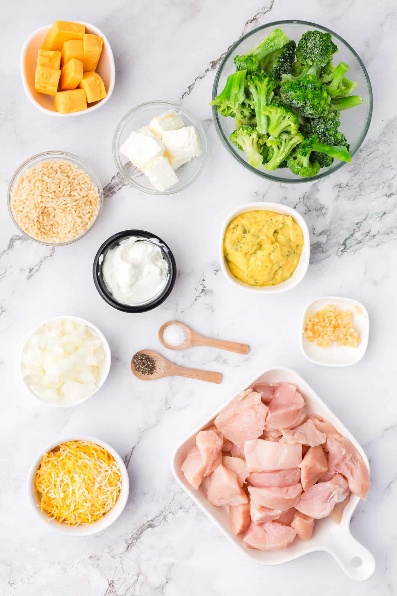 chicken breast chunks and other ingredients for broccoli casserole