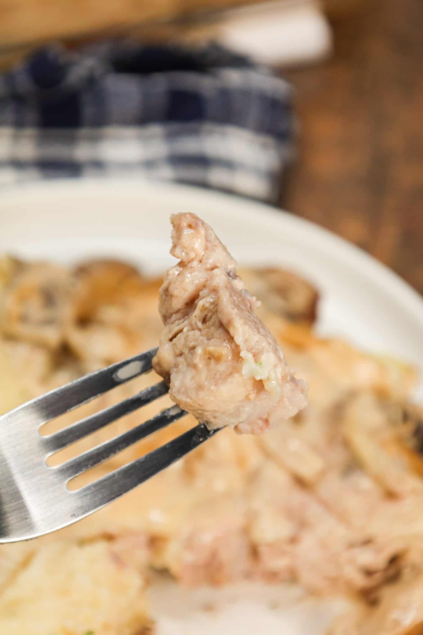 Cream of Mushroom Pork Chops are an easy baked pork chop recipe made with cream of mushroom soup, sour cream, pork gravy mix, sliced onions and sliced mushrooms.