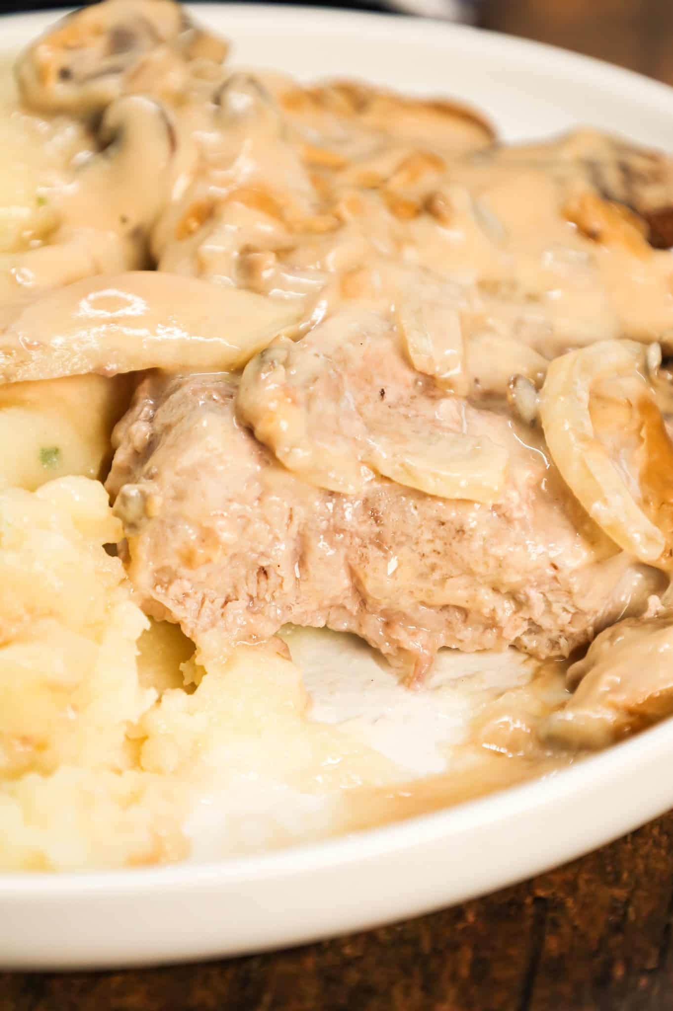 Cream of Mushroom Pork Chops are an easy baked pork chop recipe made with cream of mushroom soup, sour cream, pork gravy mix, sliced onions and sliced mushrooms.