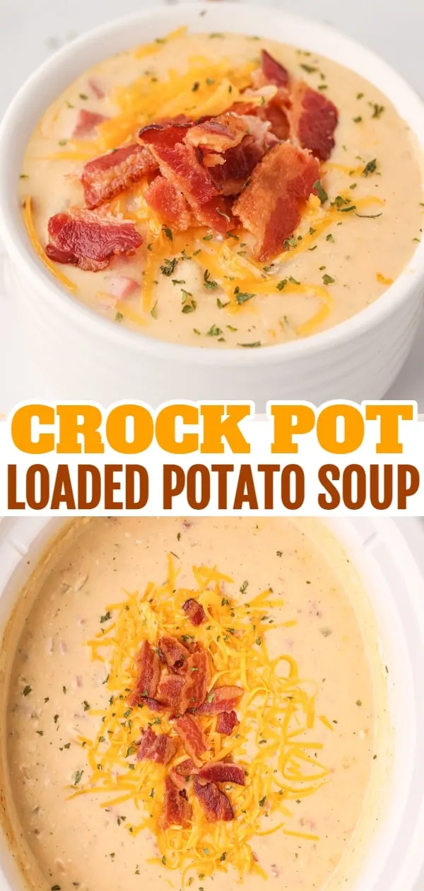 Crock Pot Loaded Potato Soup is a hearty slow cooker soup recipe loaded with diced hash brown potatoes, ham, cheddar cheese, cream cheese and bacon.