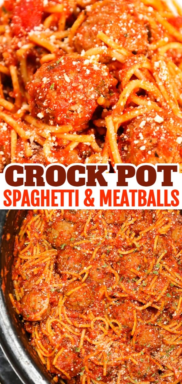 Crock Pot Spaghetti and Meatballs is an easy slow cooker dinner recipe made with frozen meatballs, marinara sauce, spaghetti and spices.