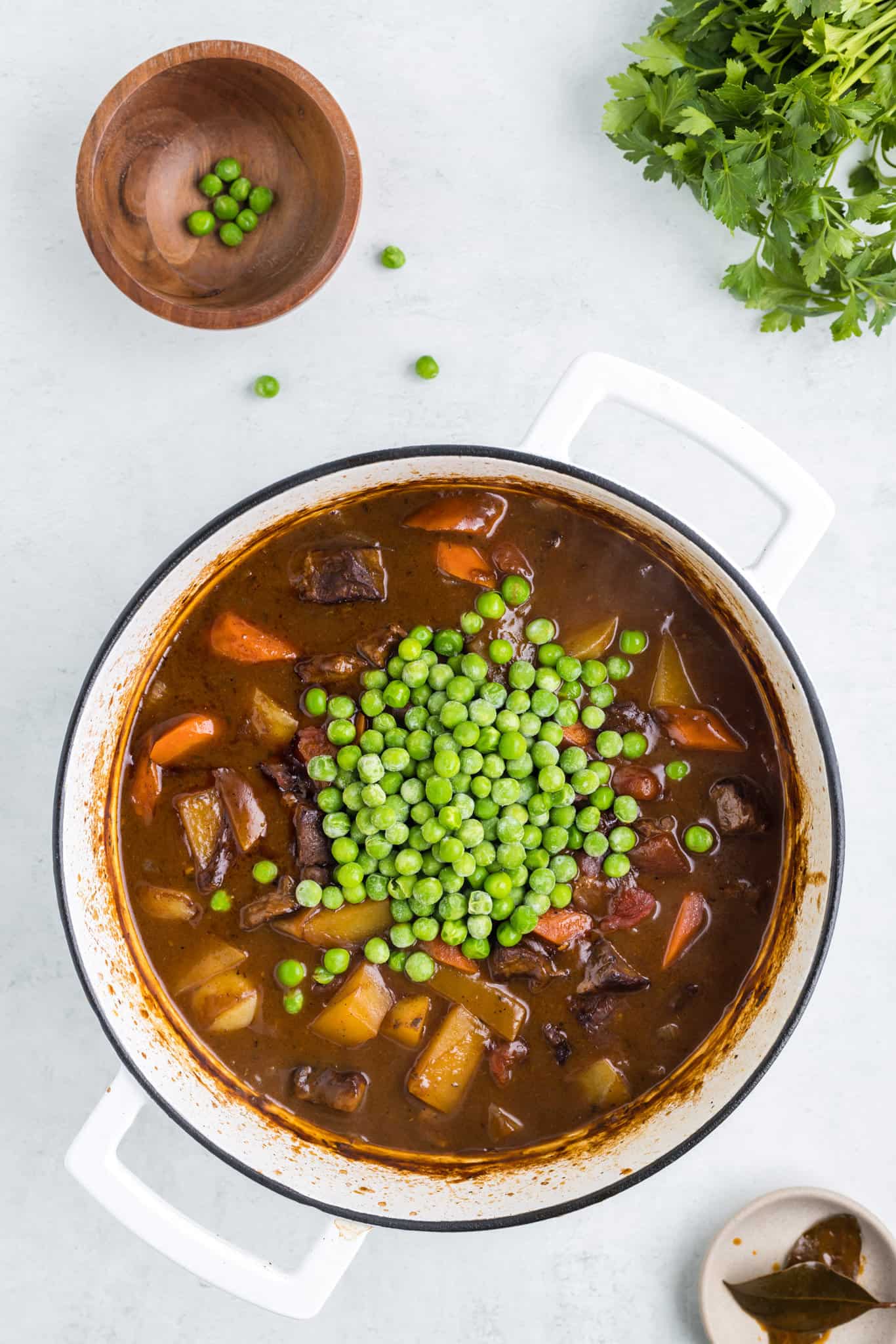 frozen peas added to beef stew pot