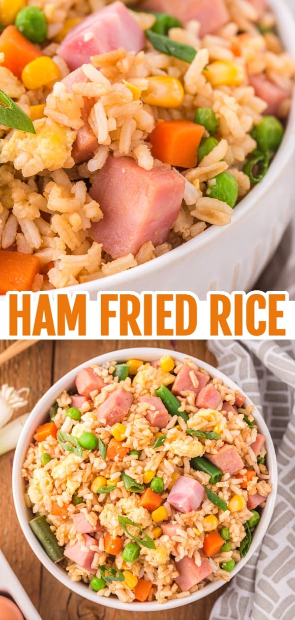 Ham Fried Rice is a delicious dinner or side dish recipe using diced ham, scrambled eggs and frozen mixed veggies all tossed with rice, soy sauce and fried rice seasoning mix.