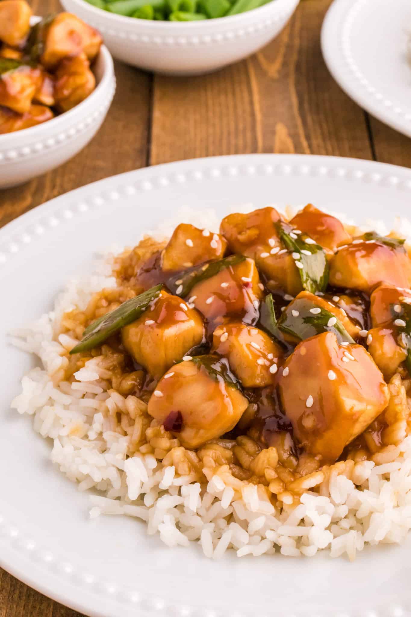 Mongolian Chicken is an easy chicken dish made with diced chicken breast chunks cooked in a sweet and savory sauce made with soy sauce, brown sugar, honey, ginger, garlic and with a bit of a kick from red pepper flakes.