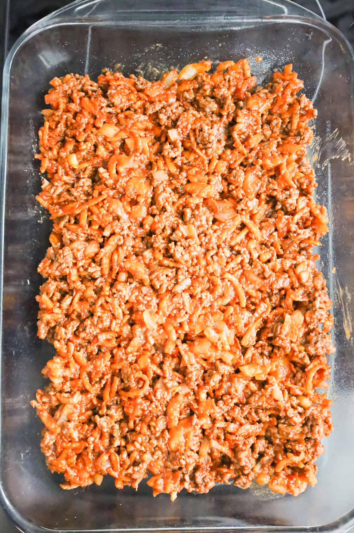 ground beef sloppy joe mixture in a baking dish