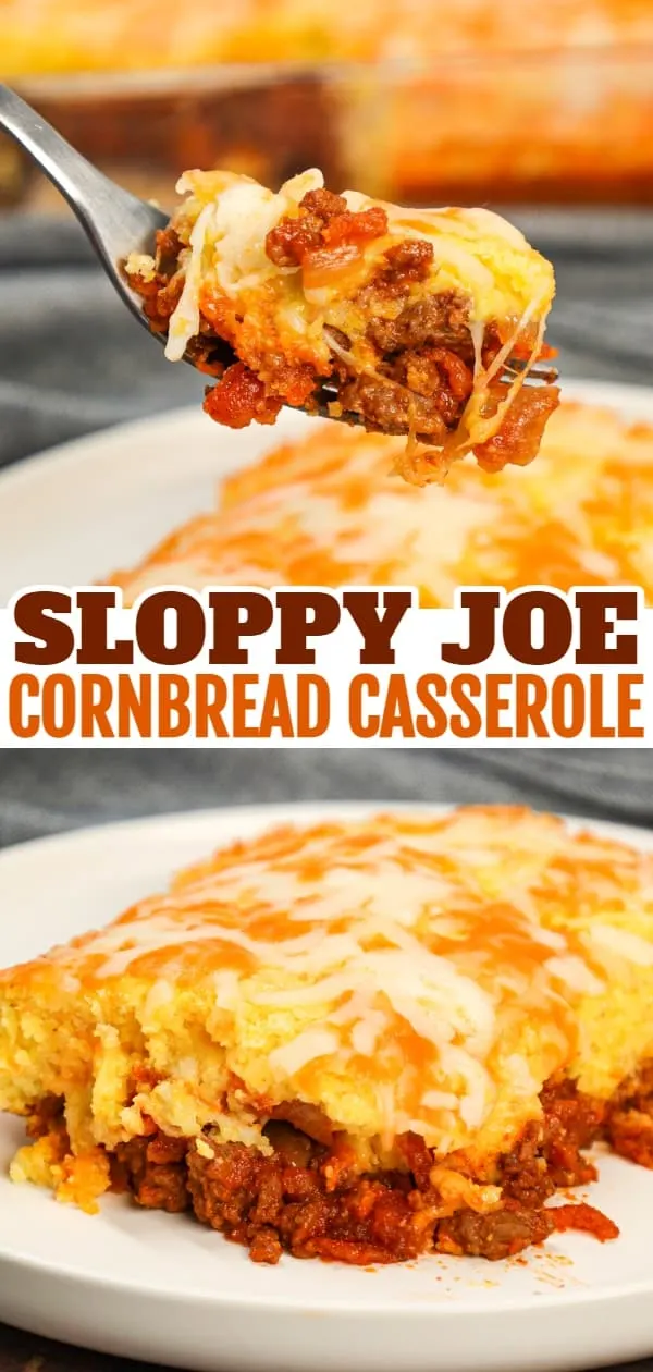 Sloppy Joe Cornbread Casserole is a hearty hamburger casserole with a base of crumbled ground beef in sloppy joe sauce topped with a layer of Jiffy cornbread.