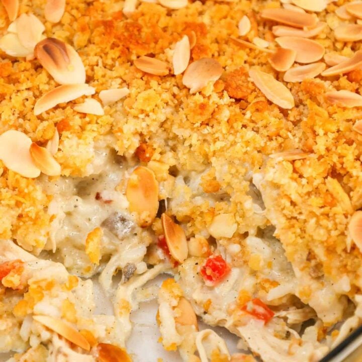 Water Chestnut Chicken and Rice Casserole is a hearty chicken casserole loaded with shredded rotisserie chicken, water chestnuts, almonds, pimentos and instant rice all topped with a buttery Ritz cracker crumb topping.