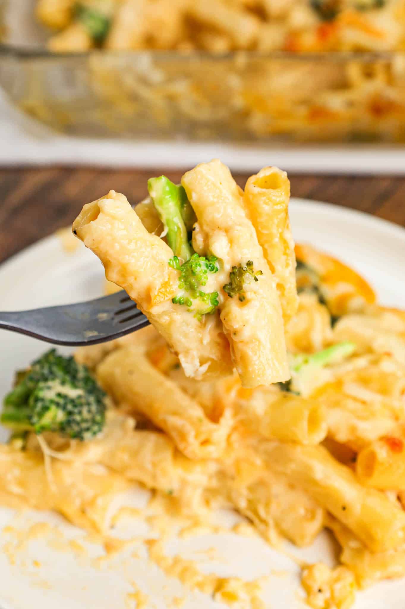 Chicken Broccoli Ziti is an easy baked pasta recipe loaded with shredded chicken, broccoli florets, cream of chicken soup, cheddar soup, cheddar and mozzarella cheese.