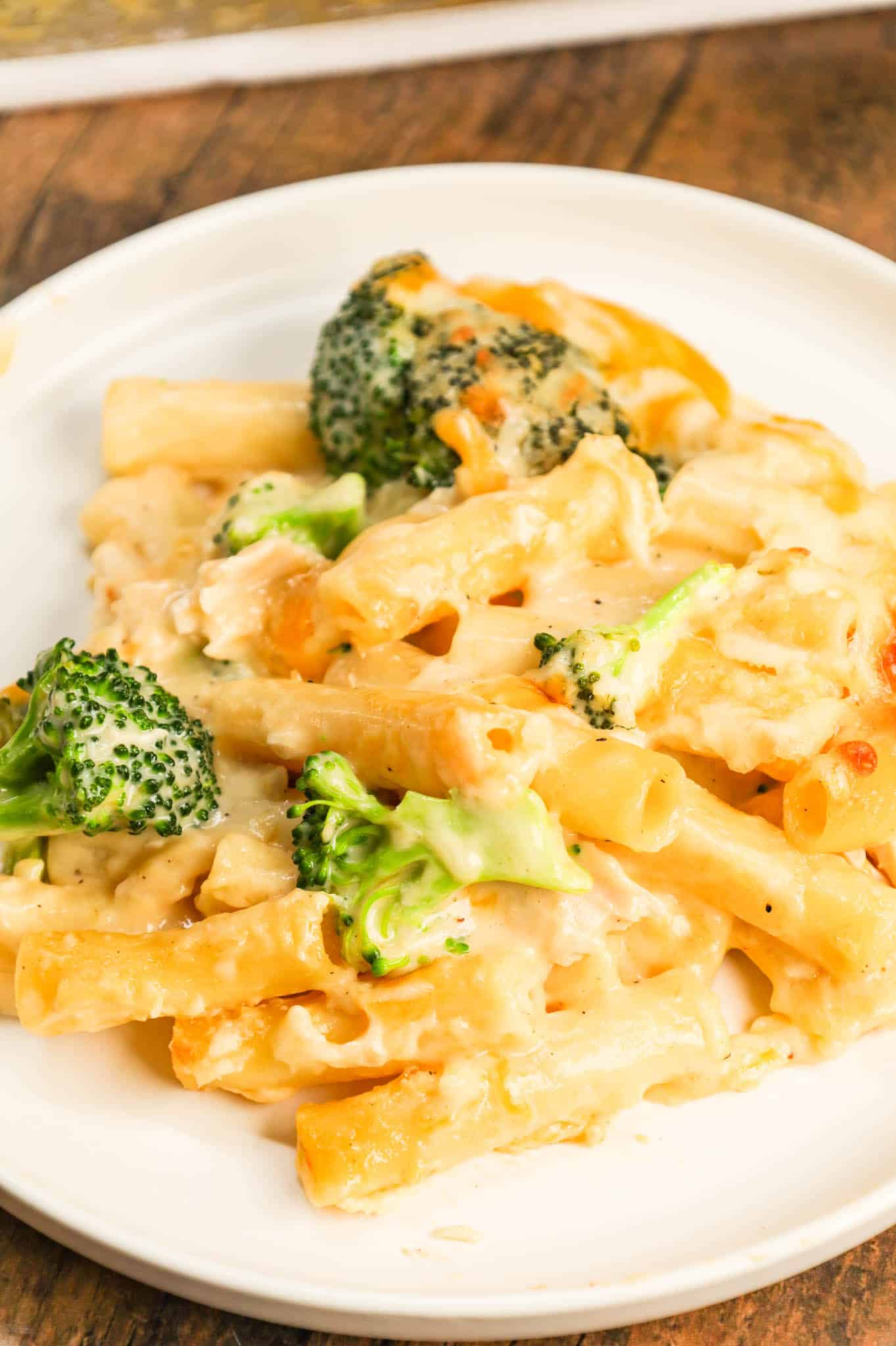 Chicken Broccoli Ziti is an easy baked pasta recipe loaded with shredded chicken, broccoli florets, cream of chicken soup, cheddar soup, cheddar and mozzarella cheese.