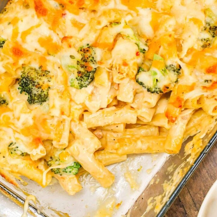 Chicken Broccoli Ziti is an easy baked pasta recipe loaded with shredded chicken, broccoli florets, cream of chicken soup, cheddar soup, cheddar and mozzarella cheese.