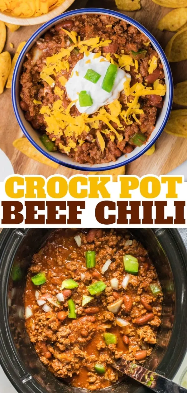 Crock Pot Chili is a hearty slow cooker ground beef chili recipe loaded with onions, bell peppers and kidney beans.