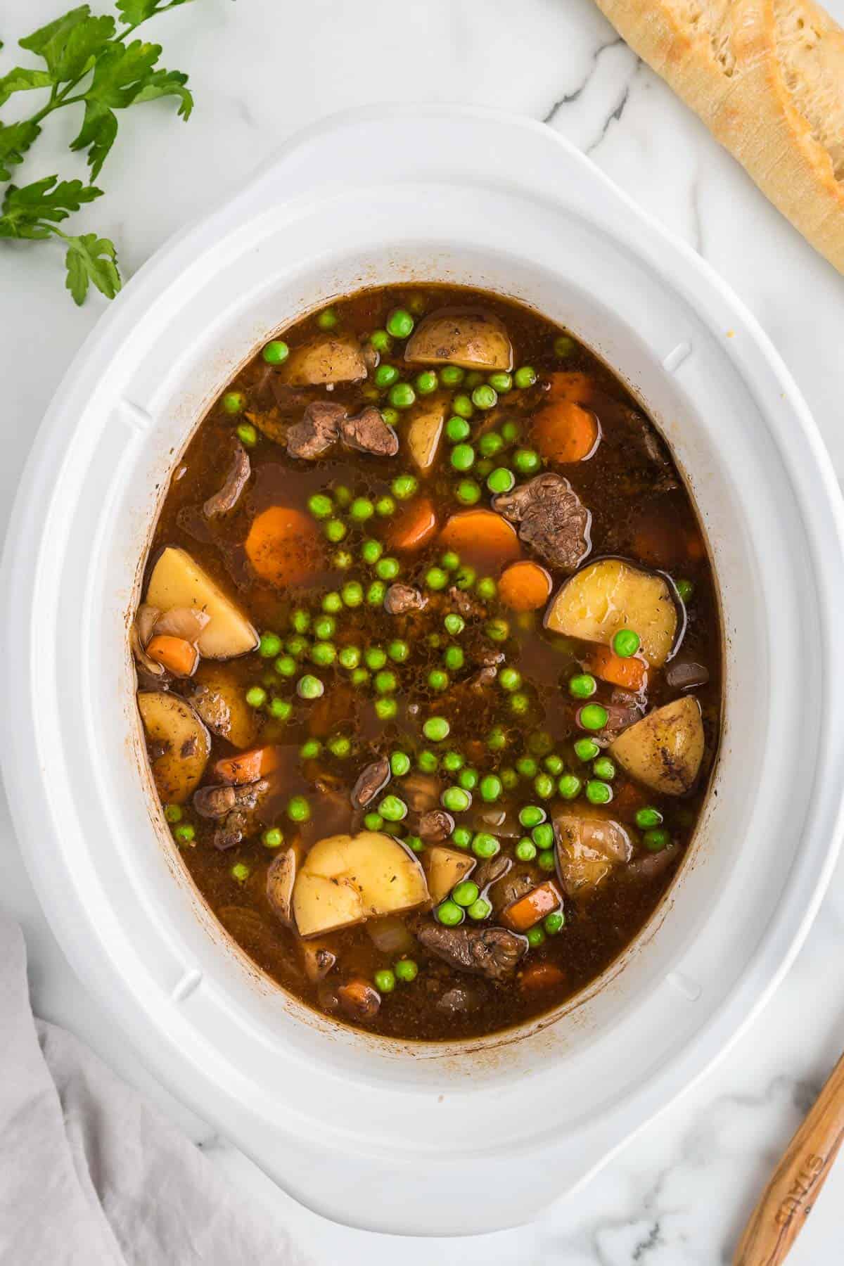 peas stirred into beef stew