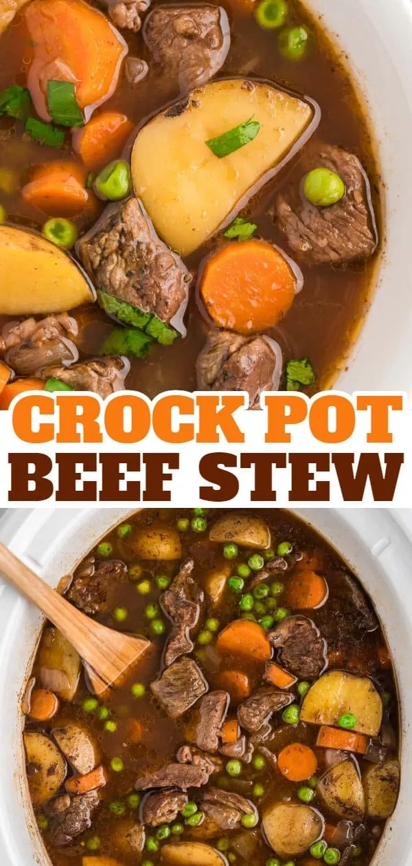 Crock Pot Beef Stew is a hearty slow cooker dish loaded with chunks of beef, potatoes, carrots, onions and peas all in a delicious red wine beef broth.