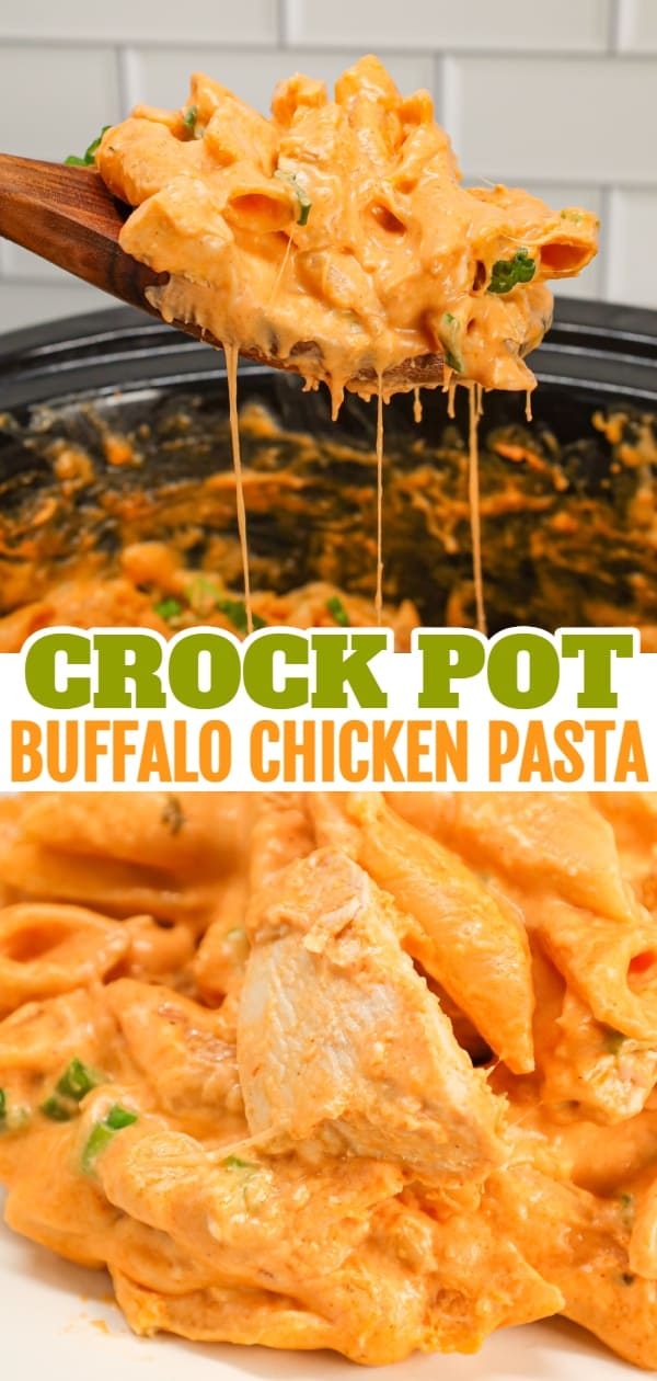 Crock Pot Buffalo Chicken Pasta is an easy slow cooker penne recipe loaded with Buffalo sauce, ranch dressing, cream cheese, breast chunks, cheddar, mozzarella and chopped green onions.