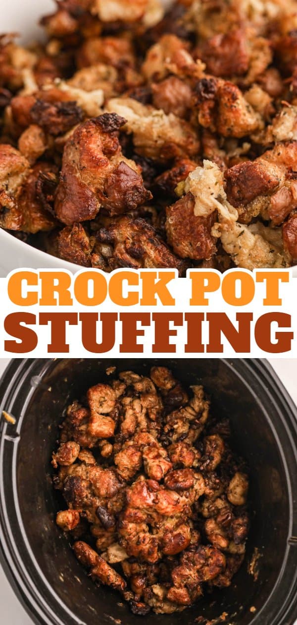 Crock Pot Stuffing is the perfect slow cooker holiday side dish made with packaged stuffing bread cubes, chicken broth, butter, celery, onions and spices.