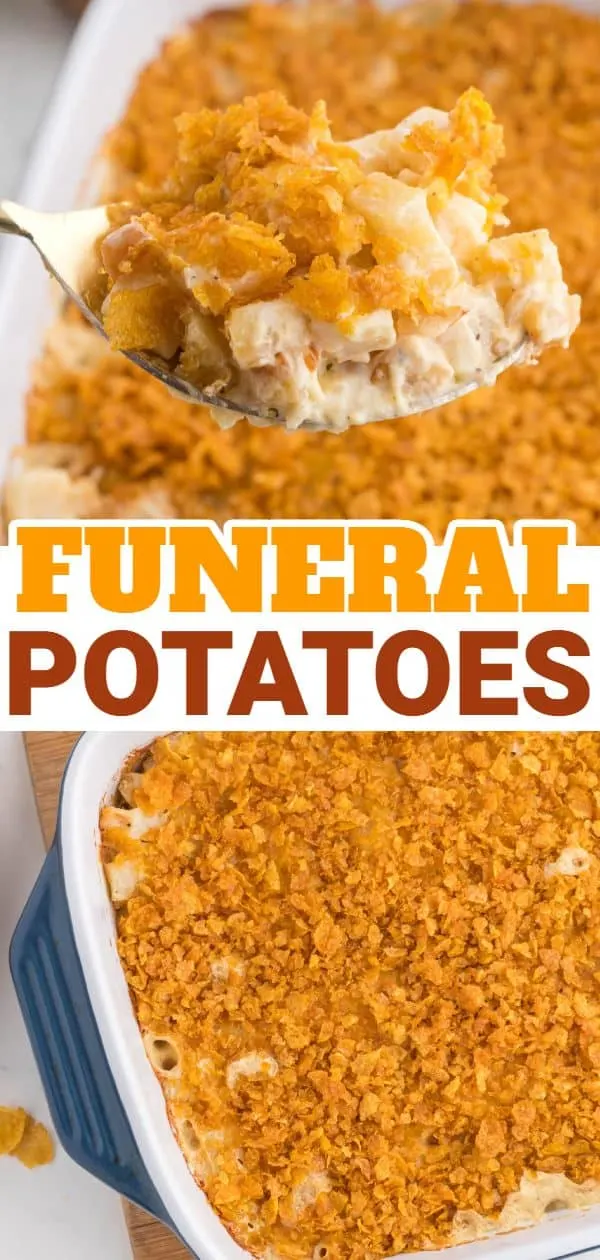 Funeral Potatoes are a delicious side dish with frozen diced hash brown potatoes baked in a creamy, cheesy mixture and topped with crushed cornflakes.