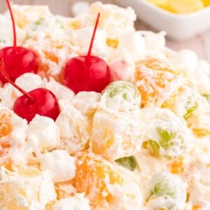 Hawaiian Ambrosia Salad is a sweet and creamy fruit salad recipe loaded with pineapple, mandarins, grapes, shredded coconut, mini marshmallows and Cool Whip.