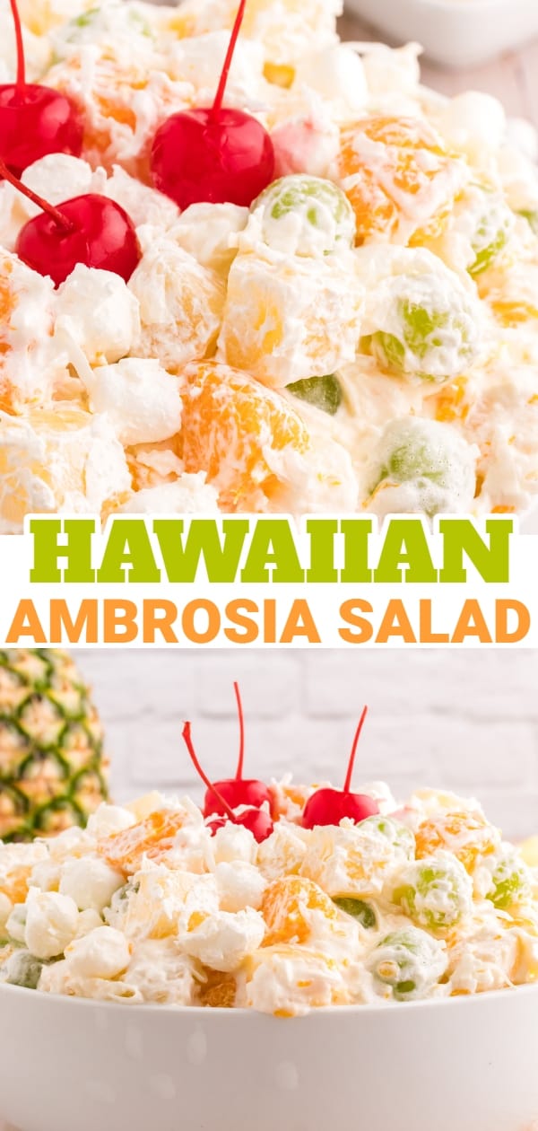 Hawaiian Ambrosia Salad is a sweet and creamy fruit salad recipe loaded with pineapple, mandarins, grapes, shredded coconut, mini marshmallows and Cool Whip.