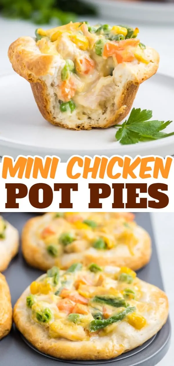 Mini Chicken Pot Pies are an easy dinner recipe using precooked chicken, frozen mixed vegetables, cream of chicken soup and Pillsbury refrigerated biscuits.