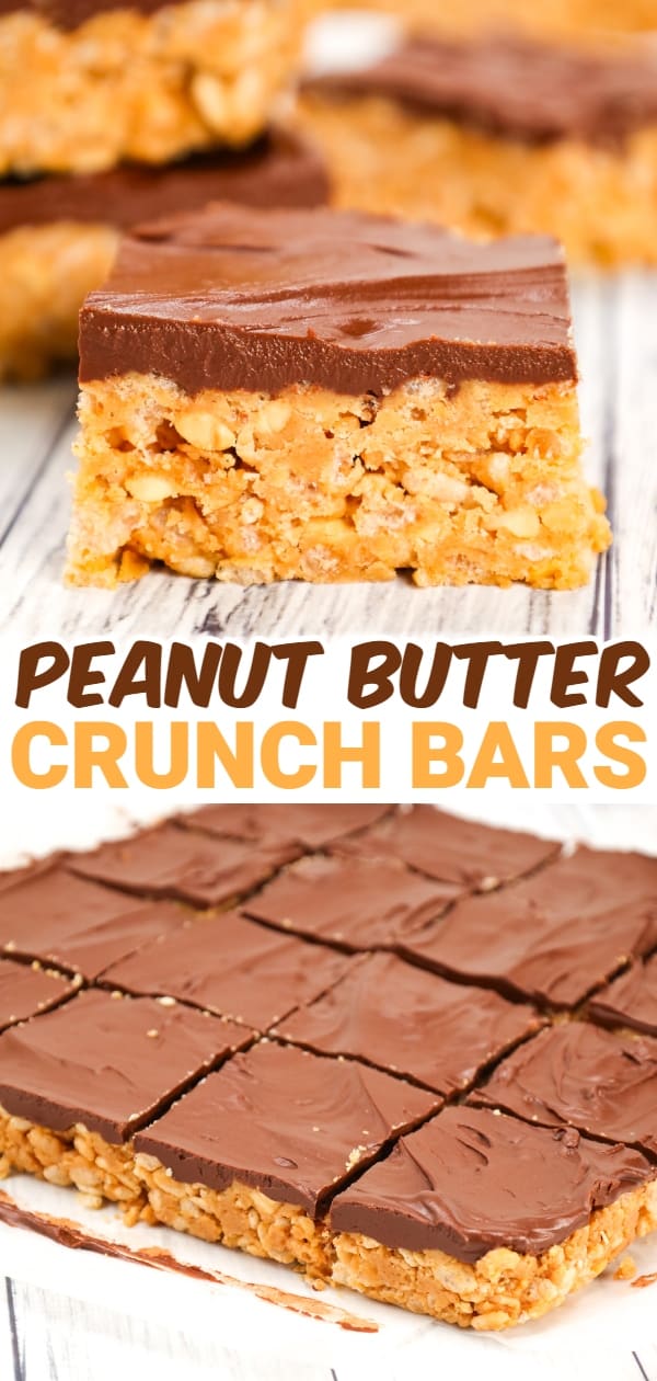 Peanut Butter Crunch Bars are an easy no bake dessert recipe made with base made from crunchy peanut butter, Rice Krispies, corn syrup, peanut butter baking chips and all topped with a layer of chocolate.