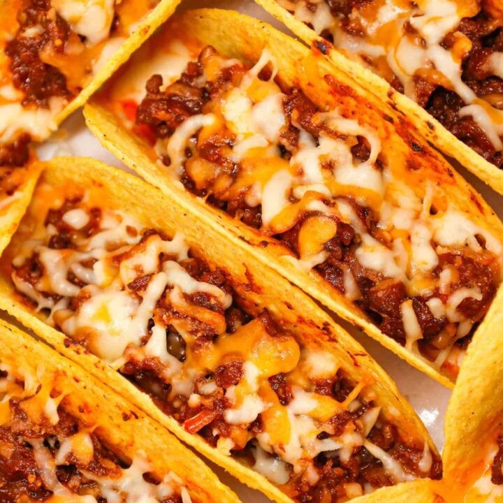 Sloppy Joe Tacos are hearty ground beef tacos with sloppy joe sauce and baked with cheese.