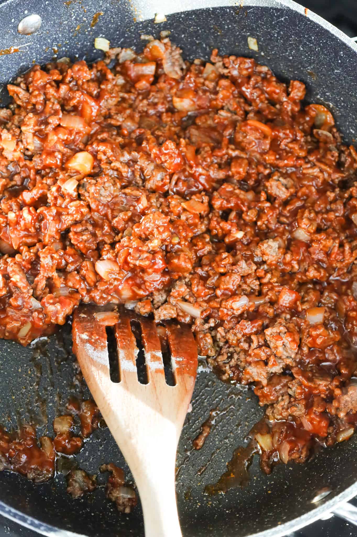 sloppy joe ground beef mixture in a skillet