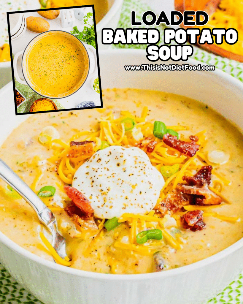 🥔 Loaded Baked Potato Soup &ndash; Creamy Comfort Soup Recipe 🧀🥓
This Loaded Baked Potato Soup is a rich, creamy comfort food soup featuring tender russet potatoes, smoky bacon, melty cheddar cheese, savory onions & celery, and all the classic loaded baked potato toppings like sour cream and green onions &mdash; perfect for cold nights, easy weeknight dinners, hearty soups, one‑pot meals, family meal ideas, and potato soup lovers! Save this loaded baked potato soup recipe, cheesy potato soup, bacon cheddar soup, homemade creamy soup, and tap for the full step‑by‑step photos & tips on This Is Not Diet Food! ❤️ #loadedbakedpotatosoup #potatosoup #comfortfood #souprecipe #cheesypotatosoup #baconrecipes #easydinners #familyfavorite #thisisnotdietfood