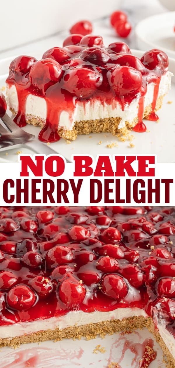 Cherry Delight is an easy no bake dessert with a graham crumb base, cream cheese and Cool Whip filling and topped with canned cherry pie filling.