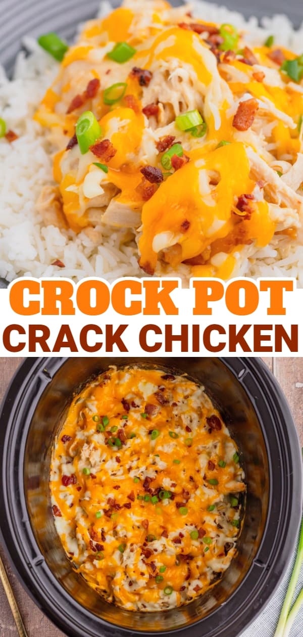 Crock Pot Crack Chicken is a creamy slow cooker chicken dish loaded with ranch dressing, shredded chicken, cream cheese, bacon, shredded cheese and chopped green onions.