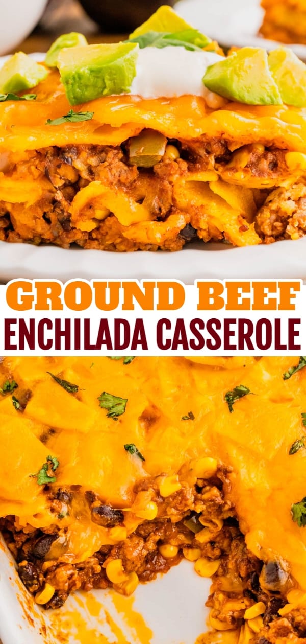 Beef Enchilada Casserole is an easy ground beef casserole recipe loaded with corn, black beans, corn tortillas, enchilada sauce and cheddar cheese.