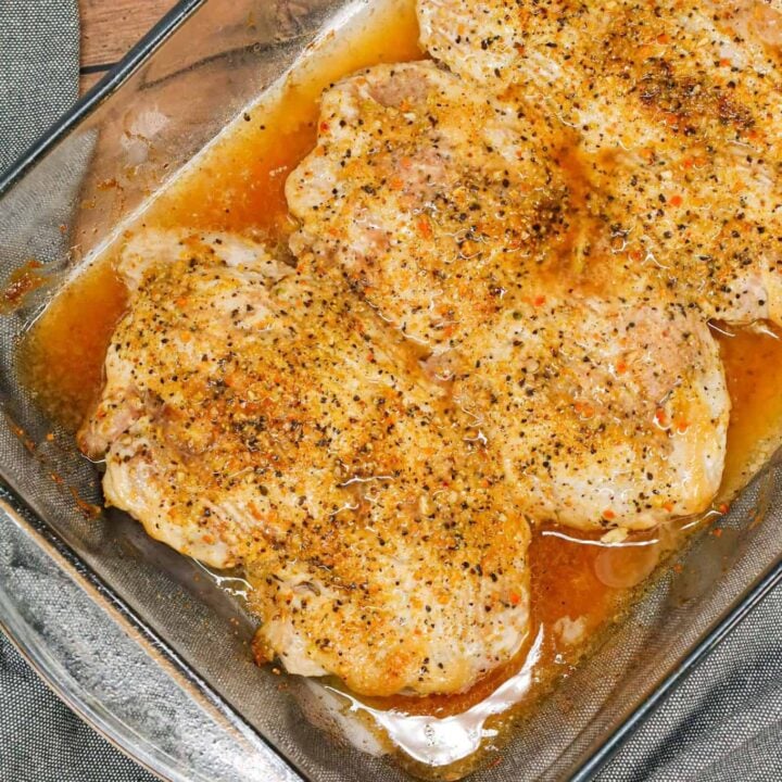 Lemon Pepper Pork Chops are simple baked pork chops coated in mayo, Worcestershire sauce, garlic powder and lemon pepper seasoning.