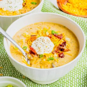 Loaded Baked Potato Soup is a hearty soup recipe loaded with russet potatoes, bacon, cheddar cheese, onions, chicken broth and cream.