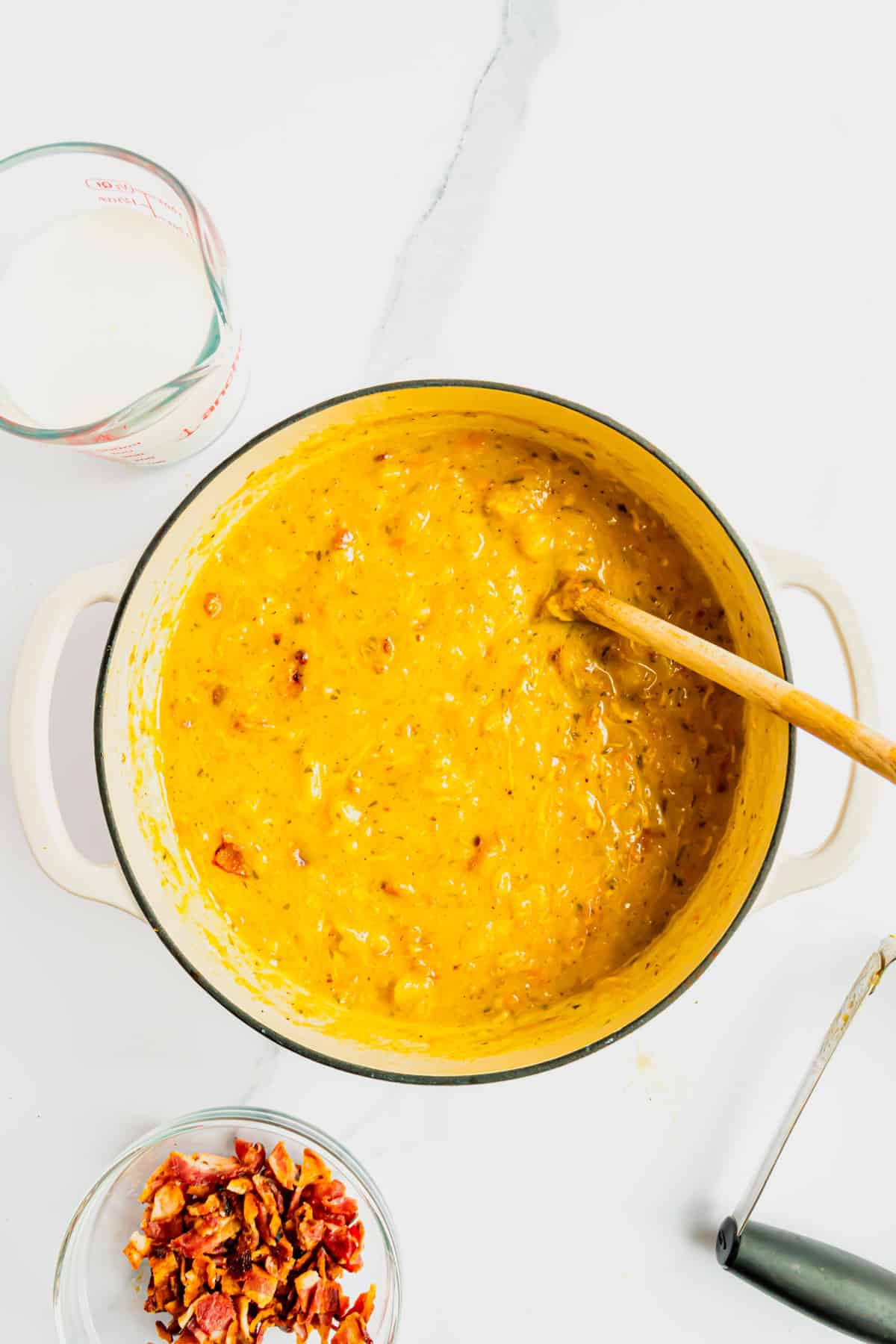 bacon pieces stirred into potato soup