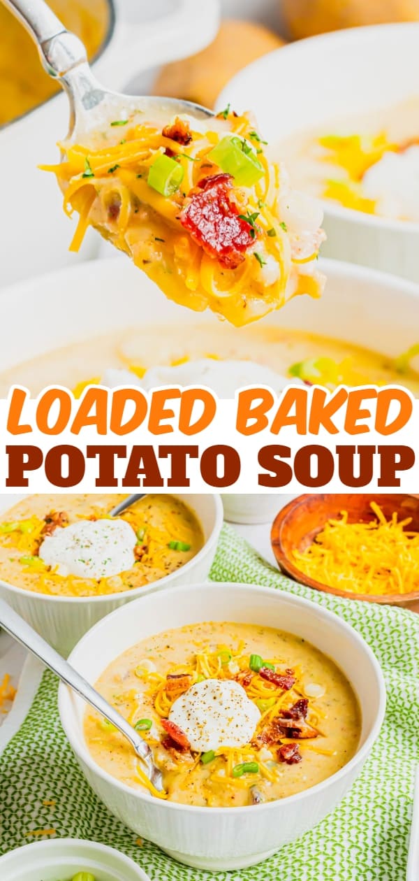 Loaded Baked Potato Soup is a hearty soup recipe loaded with russet potatoes, bacon, cheddar cheese, onions, chicken broth and cream.