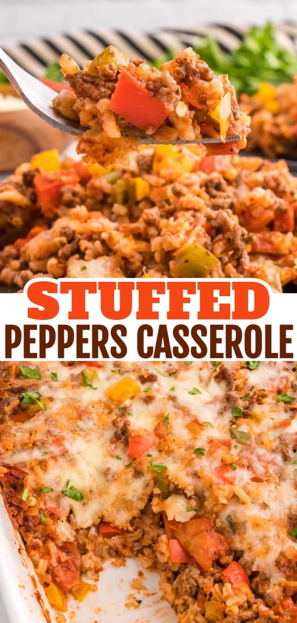 Stuffed Pepper Casserole is a hearty ground beef casserole loaded with diced bell peppers, white rice, diced tomatoes, tomato sauce and baked with mozzarella cheese on top.