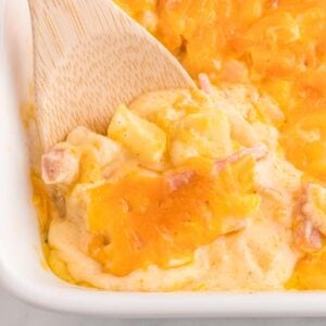 Cheesy Ham and Potato Casserole is a hearty dish loaded with diced potatoes, ham and onions all covered in a creamy sauce and baked with cheddar cheese on top.