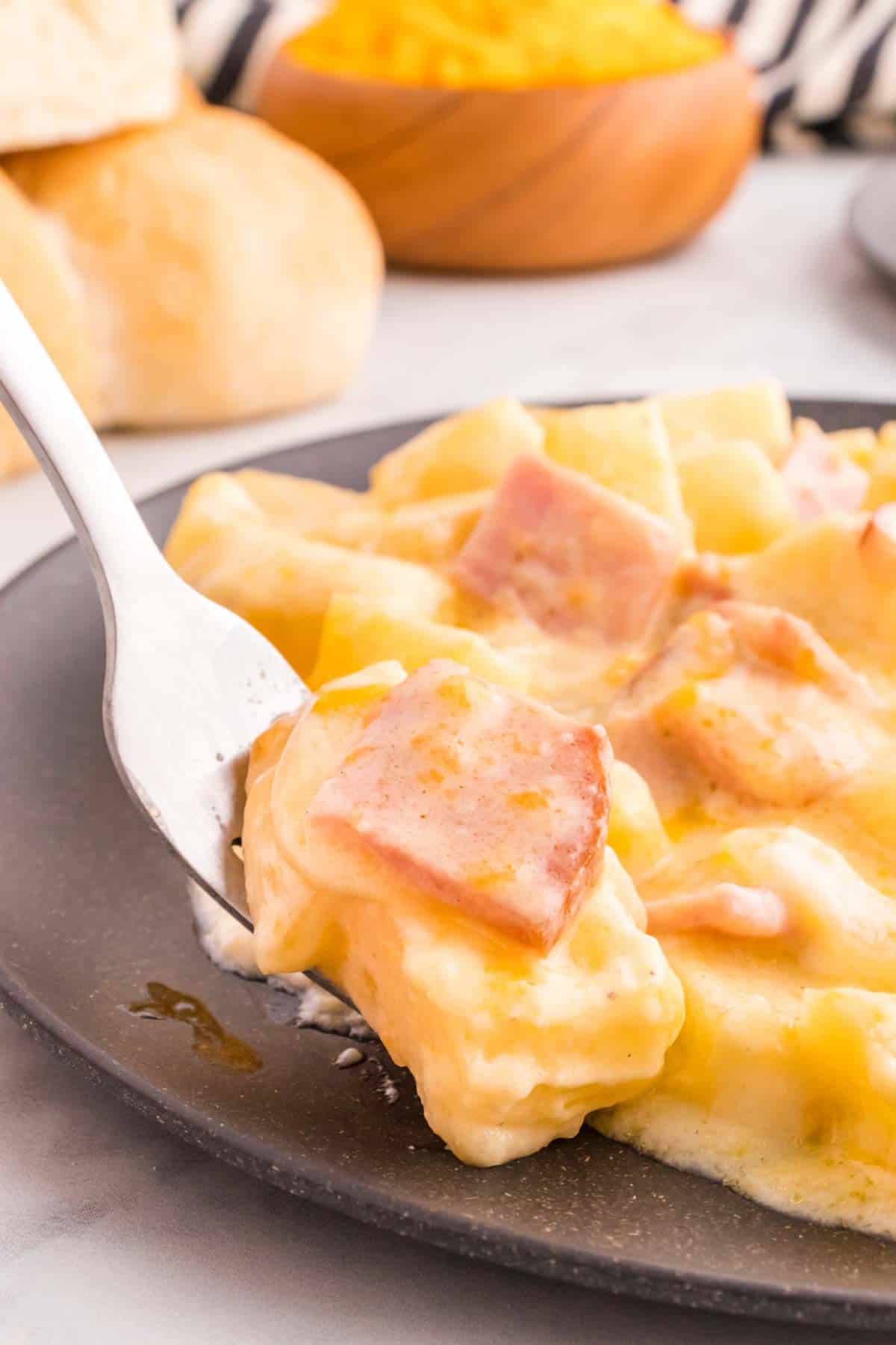 Cheesy Ham and Potato Casserole is a hearty dish loaded with diced potatoes, ham and onions all covered in a creamy sauce and baked with cheddar cheese on top.