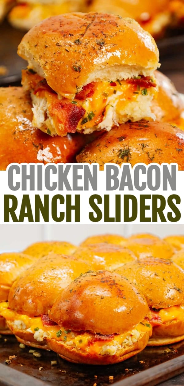 Chicken Bacon Ranch Sliders are the perfect handheld sandwich loaded with shredded rotisserie chicken, crumbled bacon, ranch dressing, chives and cheddar cheese.