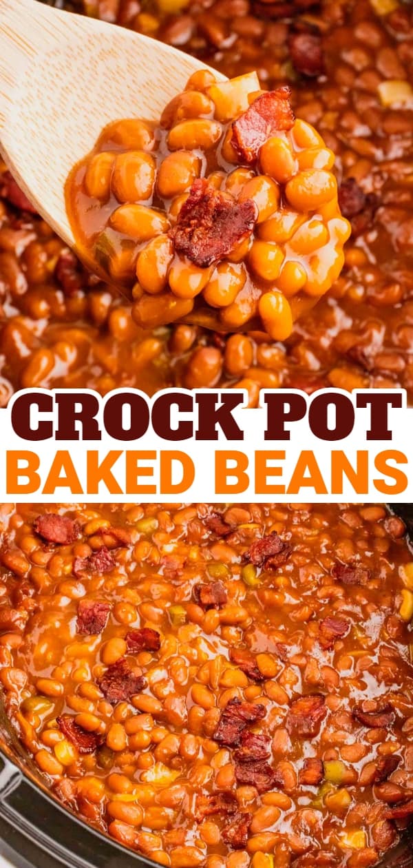 Crock Pot Baked Beans are a simple slow cooker side dish recipe made with canned baked beans, barbecue sauce, ketchup, brown sugar, bell peppers, onions and bacon.