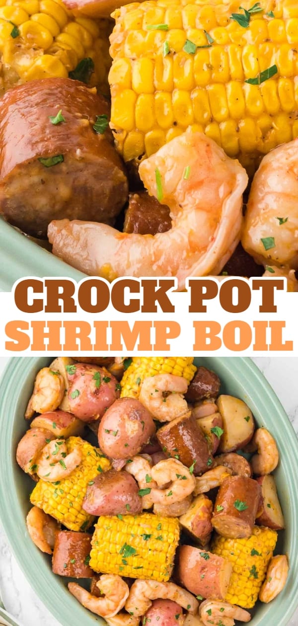 Crock Pot Shrimp Boil is a hearty slow cooker dish loaded with baby red potatoes, corn on the cob, smoked sausage and shrimp.