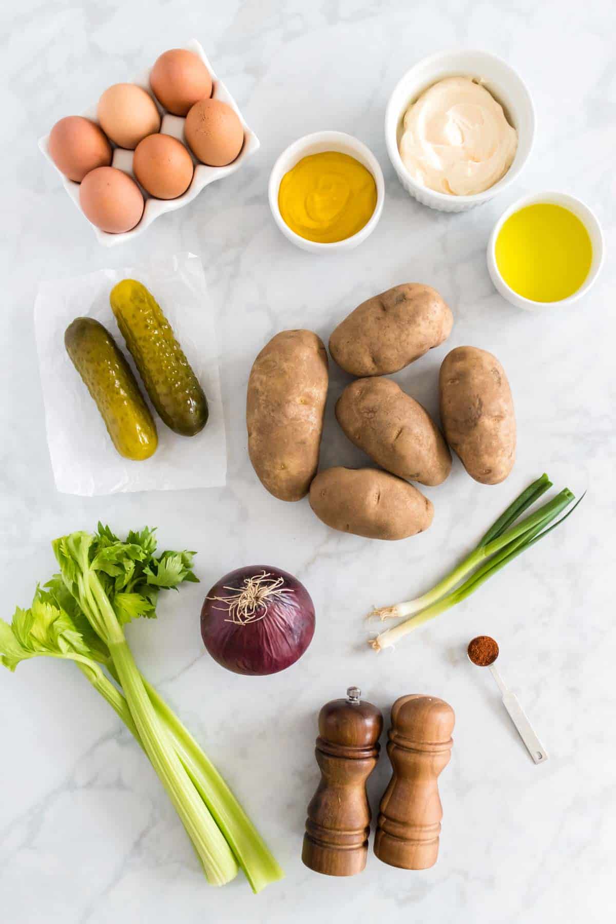 potato salad ingredient on counter before preparing
