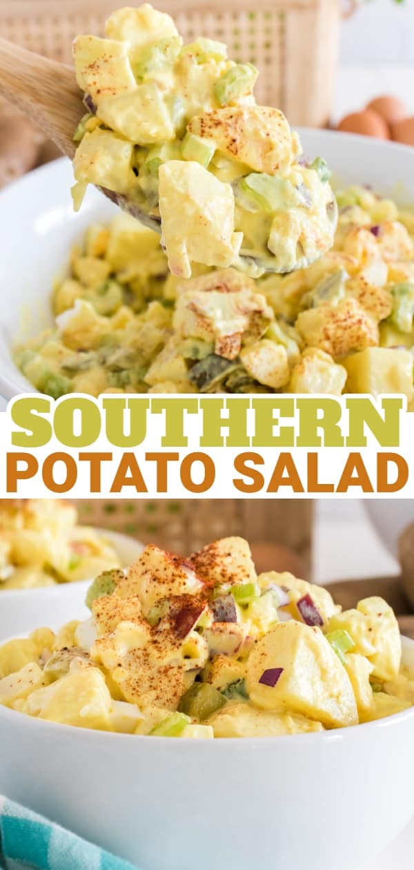 Southern Potato Salad is a classic side dish recipe loaded with cubes of russet potatoes, chopped hard boiled eggs, celery, red onions and dill pickles all tossed in a mayo based dressing and seasoned with paprika.