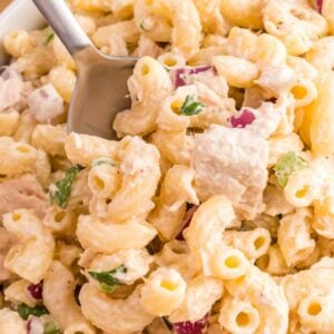 Tuna Macaroni Salad is a classic pasta salad recipe loaded with canned tuna, chopped celery, diced red onions and green peppers all tossed in a seasoned mayo dressing.