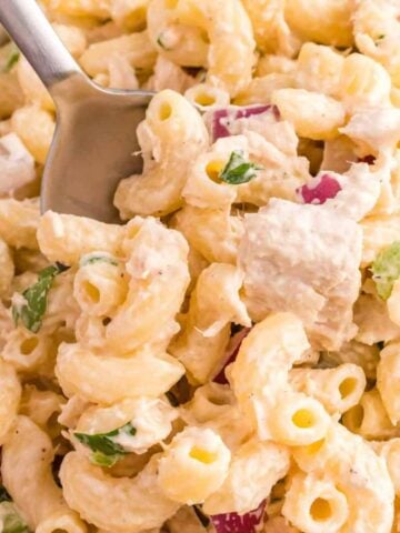 Tuna Macaroni Salad is a classic pasta salad recipe loaded with canned tuna, chopped celery, diced red onions and green peppers all tossed in a seasoned mayo dressing.